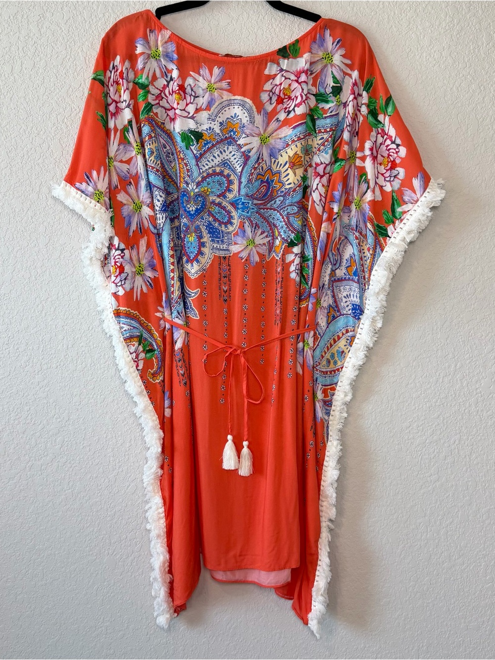 Johnny Was Boho Vibrant Coral Floral Kaftan Dress Size Small